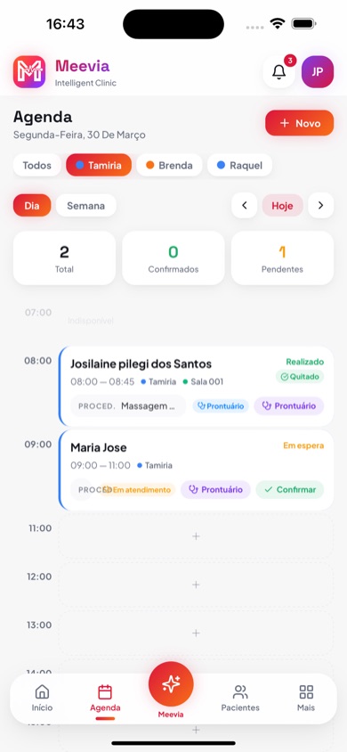 Tela de agenda do app Meevia no iPhone
