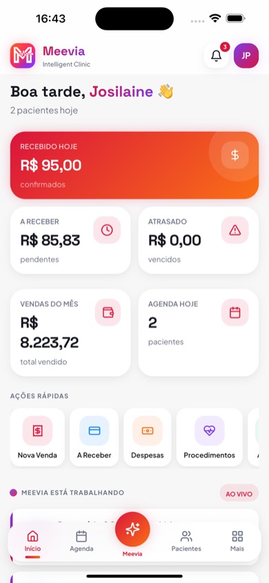 Dashboard financeiro do app Meevia no iPhone